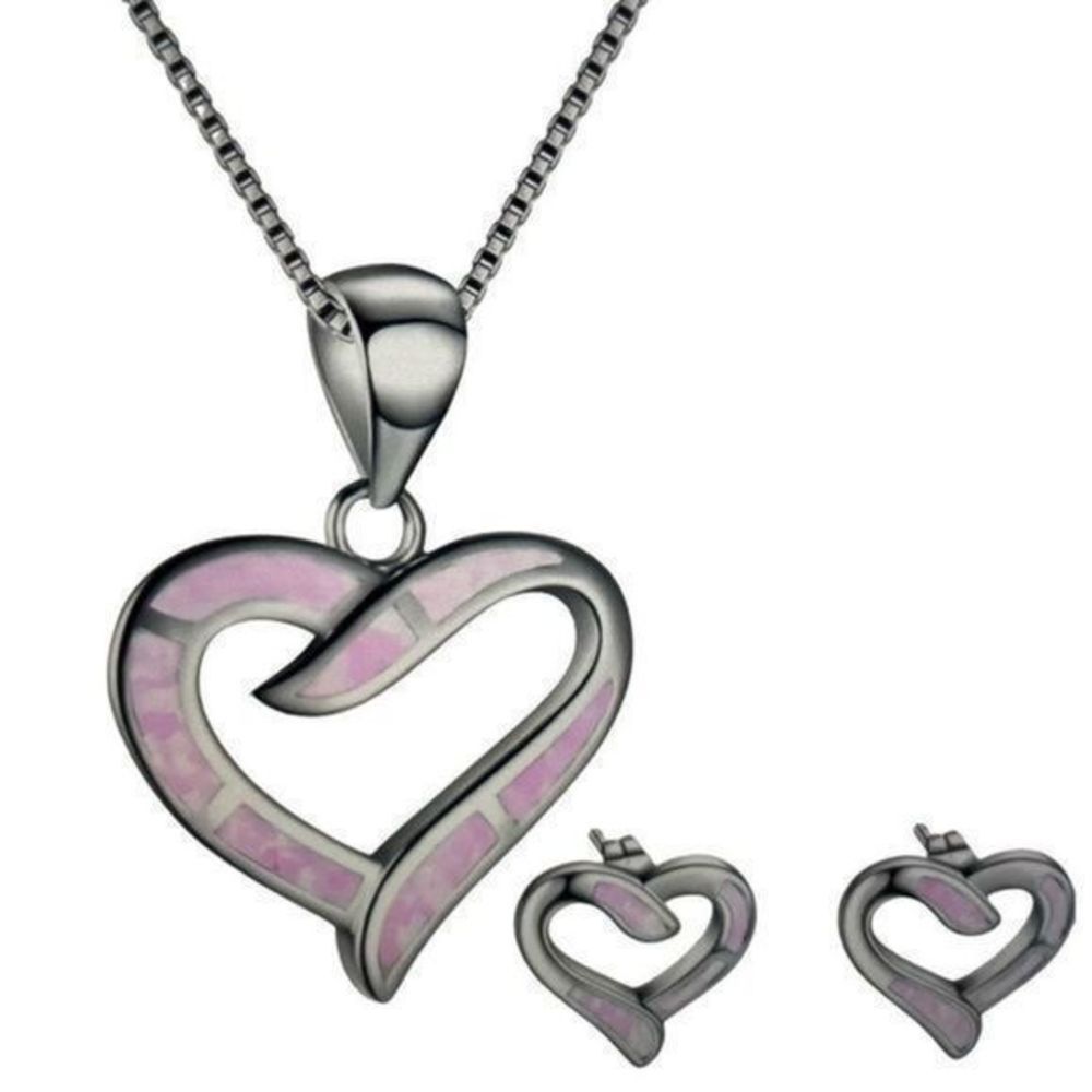 Cute colorful pink OPAL ON SILVER HEART NECKLACE N EARRING SET